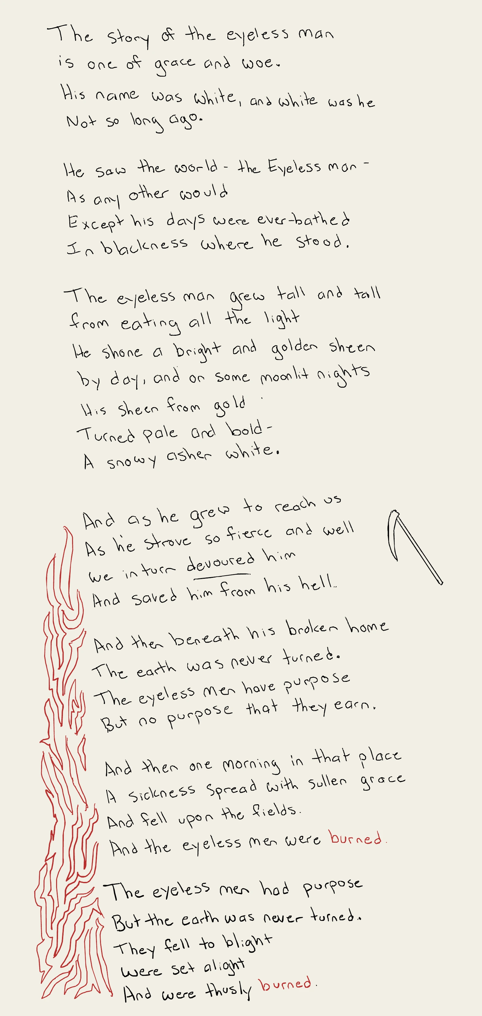 A long handwritten poem about the eyeless men, with red flames and a scythe.