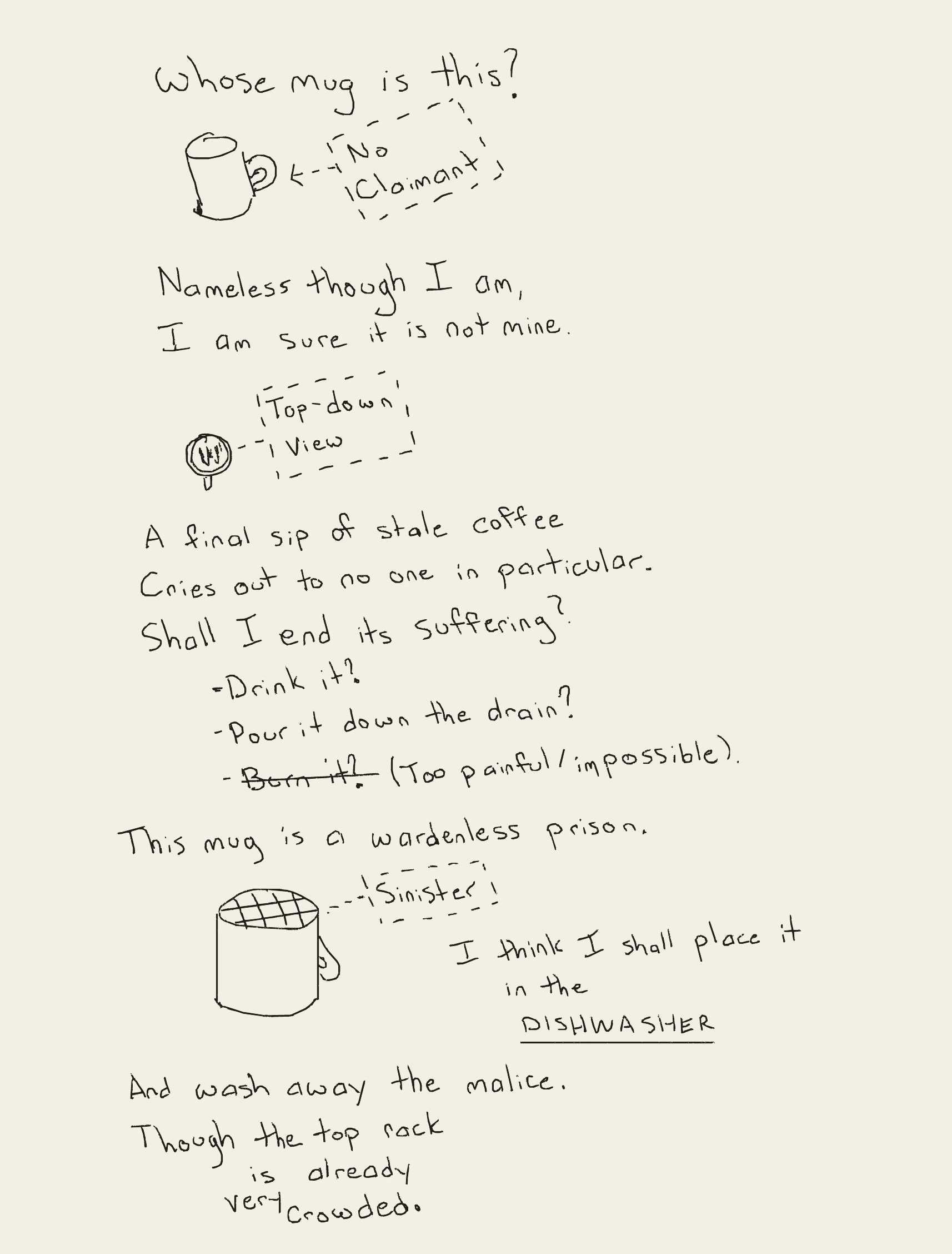 A handwritten comic-like page about an abandoned mug of stale coffee.